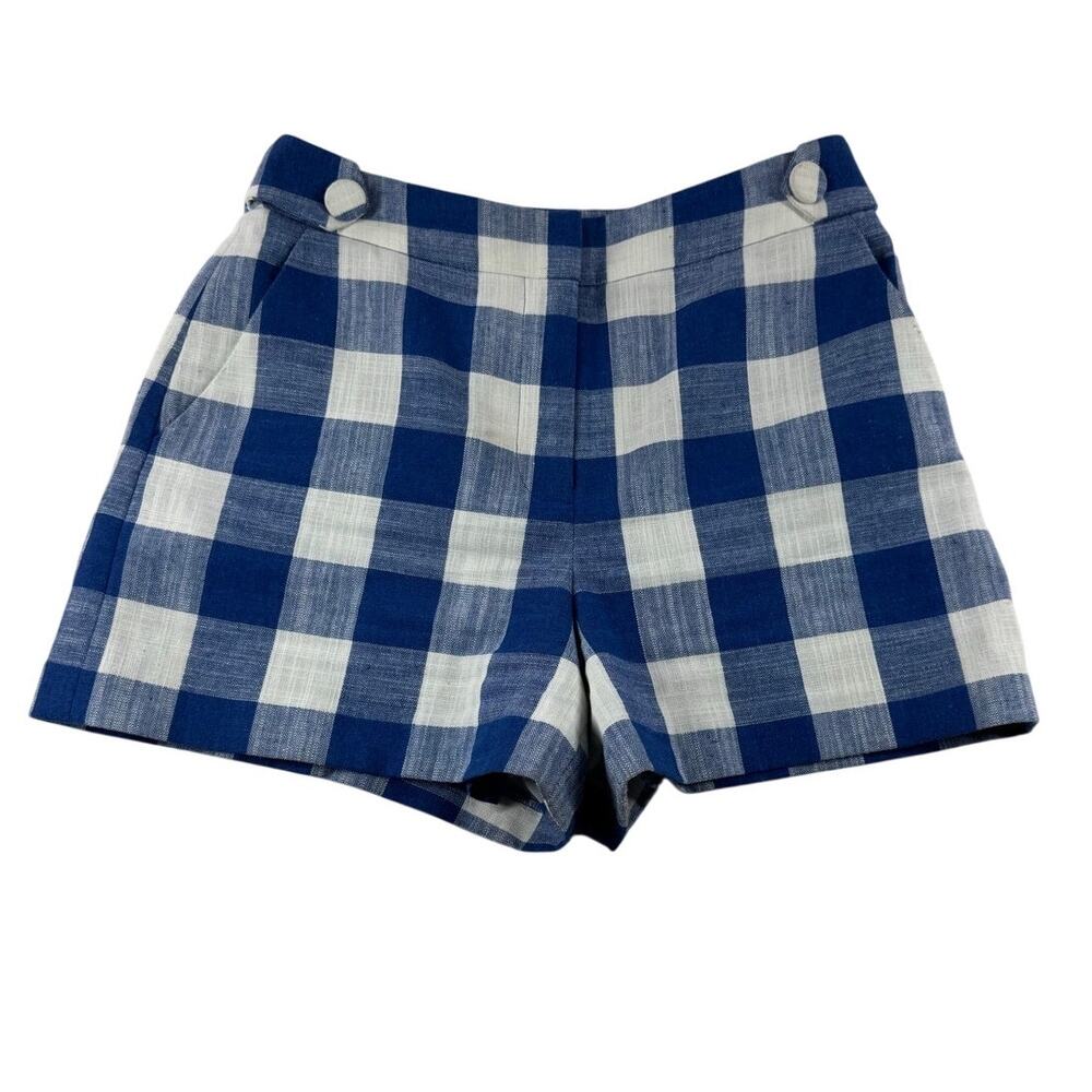 Milly Aria High Rise Linen Gingham Print Shorts 2 Blue White Side Buttons Sailor